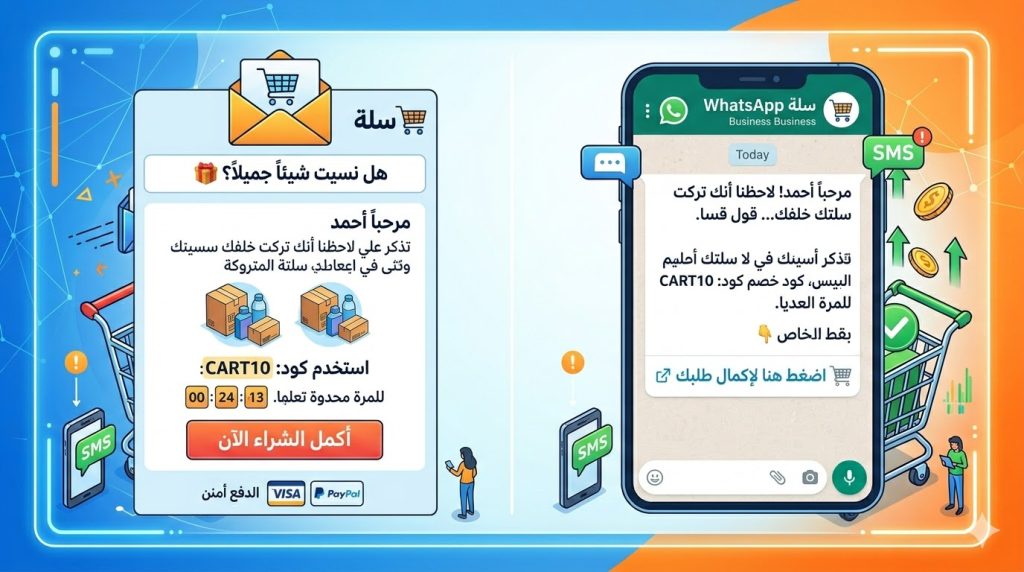 رسائل استرجاع السلات المتروكة عبر البريد الإلكتروني والواتساب
