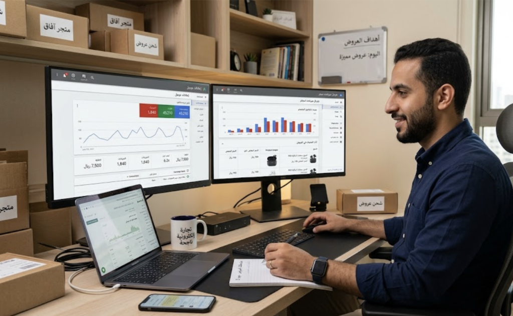 صاحب متجر إلكتروني يراقب لوحة Google Ads وMerchant Center خلال موسم العروض